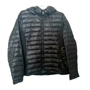 Calvin Klein Womens Rare Packable Black Hooded Puffer Stretch Side Panels L/XL